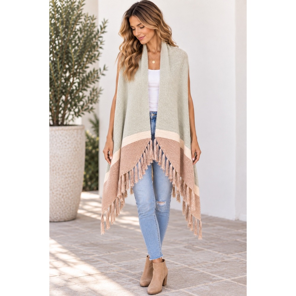 Italy Design Women Sage Green Colorblock Fringed Knit Shawl Vest Open Front Wrap